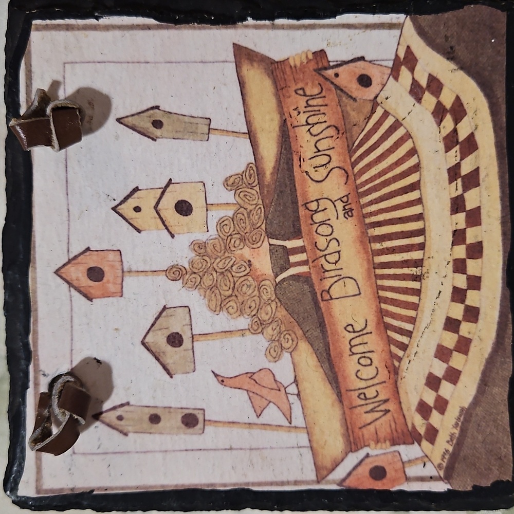 Hand-Painted Slate Tile Wall Art w/Leather Hang Cord-Welcome Birdsong & Sunshine